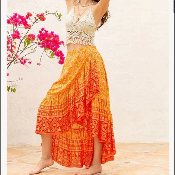 Boho Orange Ruffle Hem Maxi Skirt - Picture 2 of 6